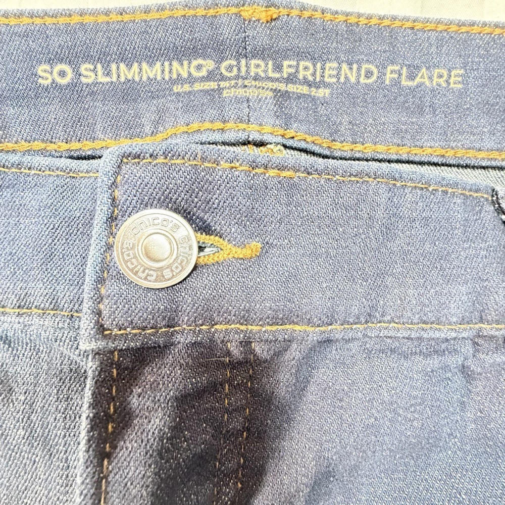 Chico's So Slimming Girlfriend Flare Patchwork Jeans Blue Size 2.5T (equiv US 14 - Picture 11 of 13